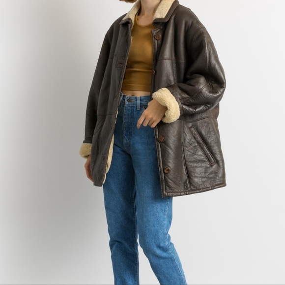 80s Western Sheepskin Coat, Size L Brown Shearling Coat Vintage Leather Jacket - Picture 2 of 16
